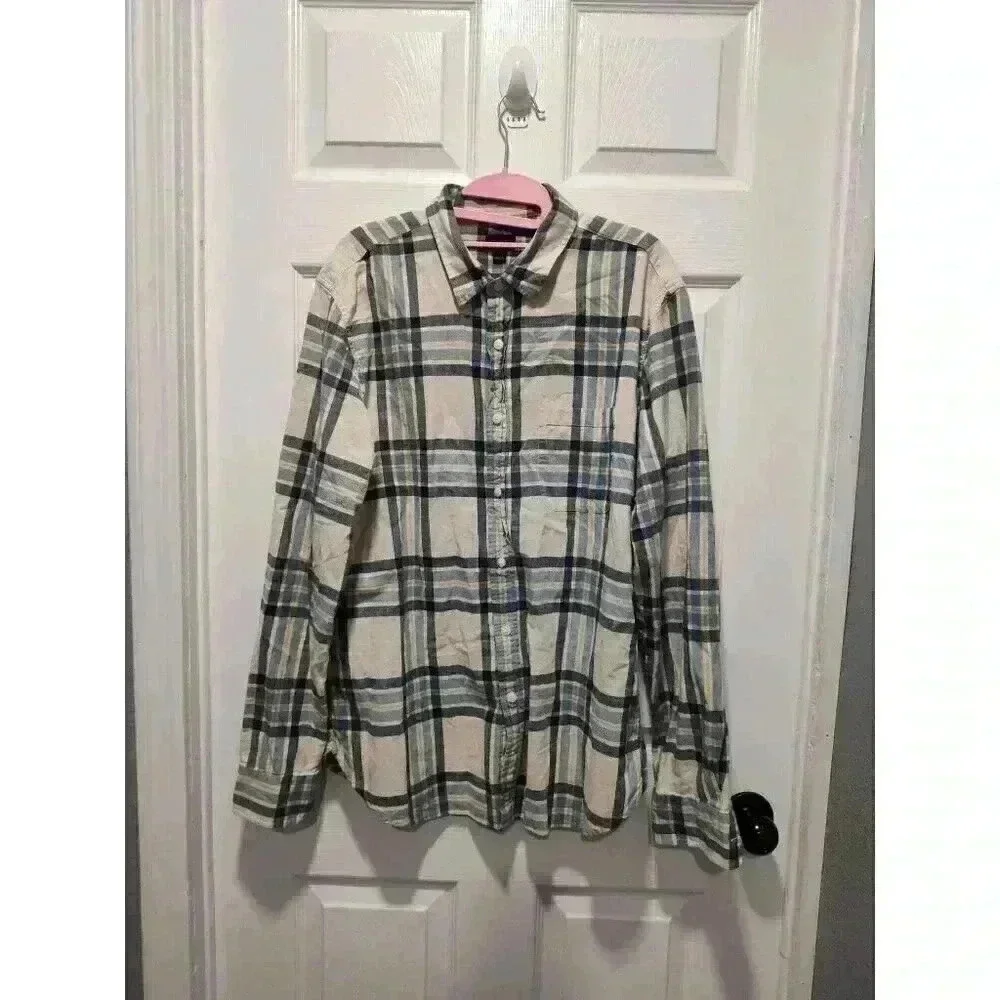 J. Crew Shirt Mens Casual Button Down in Ivory Plaid Size Large 100% Cotton Soft